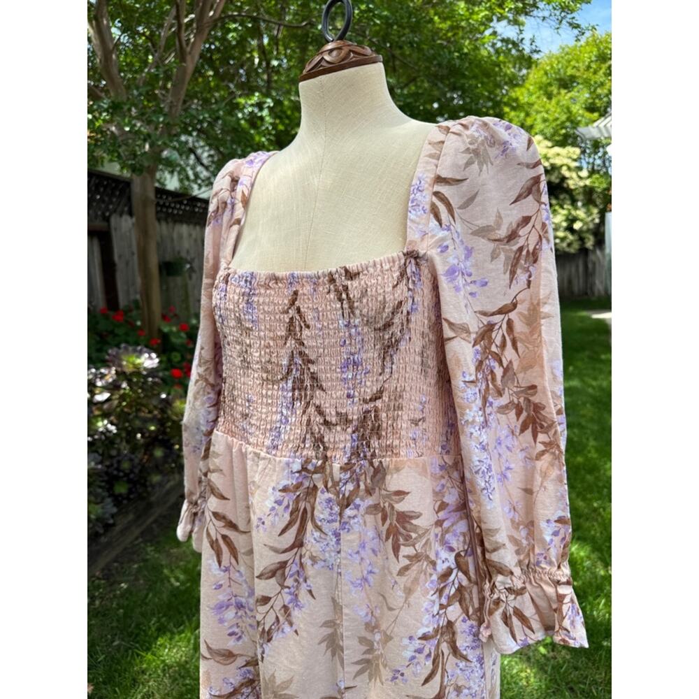 House Of Harlow 1960 Floral Smocked Dress Peasant Linen Blend Boho Sz Large - Picture 8 of 10